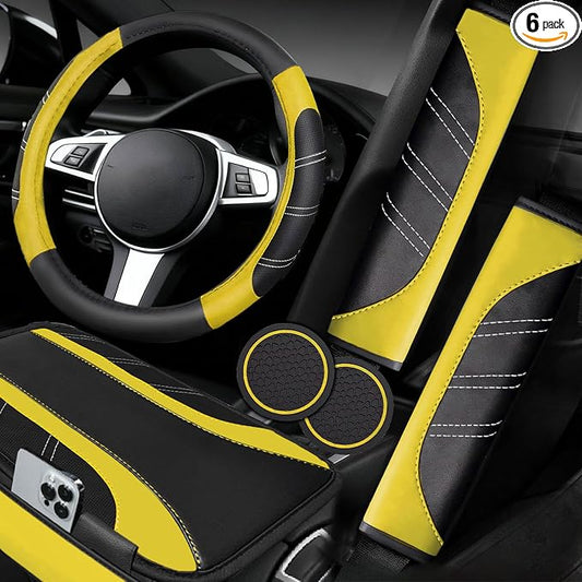 NBTEPEM 6 Pcs Yellow Car Accessories Set, Sport Leather Steering Wheel Cover 14.5-15inch Universal, Microfiber Leather Car Center Console Cover, Seat Belt Cushion, Cup Holder Coaster (Black-Yellow)