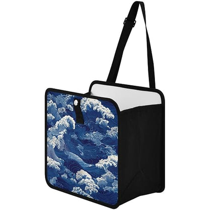 Car Trash Can Organizer Bin with Adjustable Strap for Back Front Seat Console Waterproof Leakproof Collapsible Portable 11 Inch Blue Ocean Waves