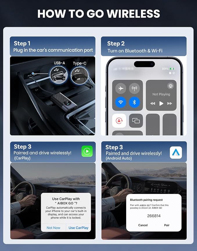Wireless CarPlay Adapter for iPhone/android,Android Auto Wireless Adapter is Fast Auto Connect, Plug&Play, Stable Connection, car play wireless adapter Support Map, Music,Video,Call etc(Black)
