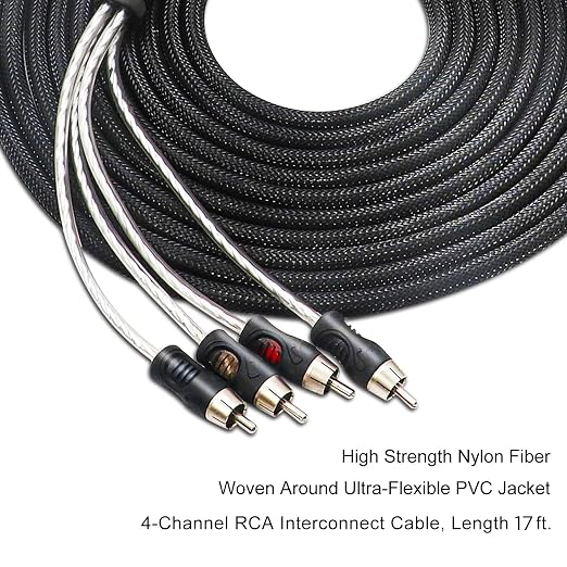 RECOIL P417 Premium 100% Oxygen Free Copper 17ft 4-Channel RCA Audio Interconnects Cable 4X RCA Male to 4X RCA Male Double Shielded with Noise Reduction