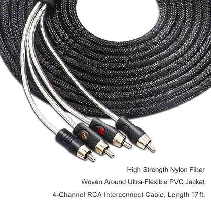 RECOIL P417 Premium 100% Oxygen Free Copper 17ft 4-Channel RCA Audio Interconnects Cable 4X RCA Male to 4X RCA Male Double Shielded with Noise Reduction
