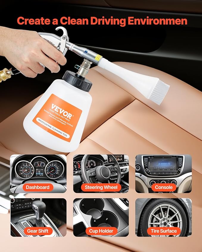 VEVOR Car Cleaning Gun, 6-9.2 Bar High-Pressure Air Blow Gun with 2 Set Nozzles & 1L Liquid Bottle, Vortex Cleaning Gun, Quickly Blasts Dirt and Dust from Surface, Work with 1/4 NPT Air Compressor