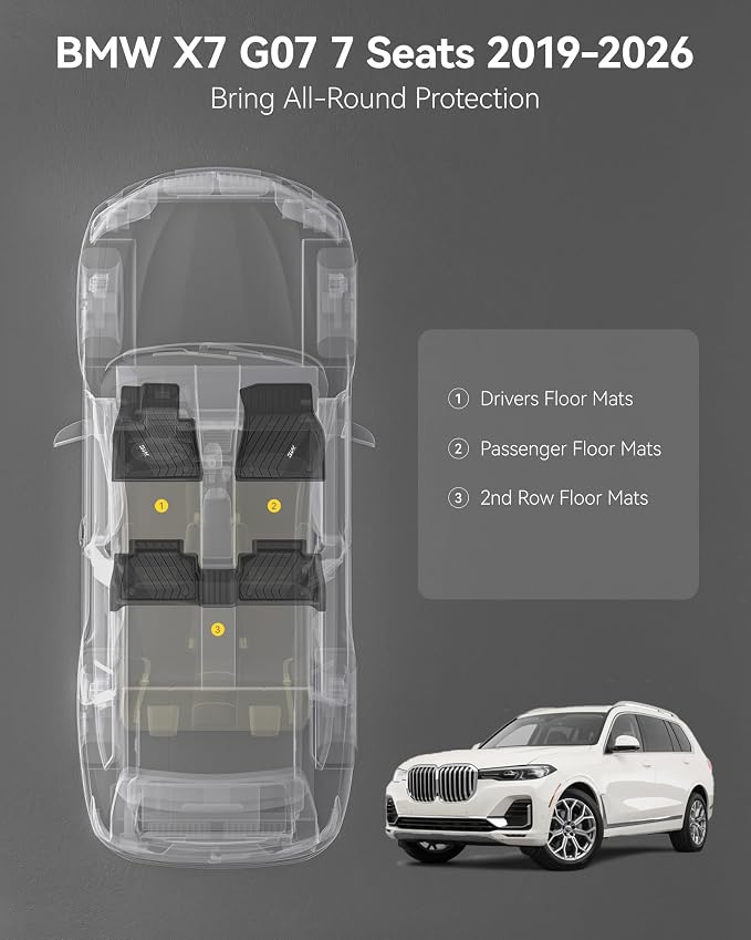 3W Floor Mats Fit for BMW X7 7 Seats 2019-2025 2026, M50i M60i xDrive40i xDrive50i, TPE All Weather Custom Fit Floor Liner, 7 Passengers 1st & 2nd Row, Full Set Car Liners Black