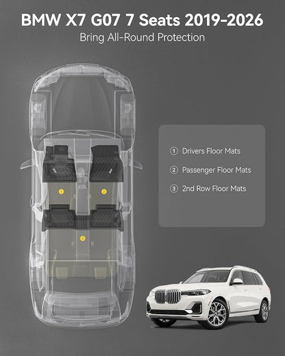 3W Floor Mats Fit for BMW X7 7 Seats 2019-2025 2026, M50i M60i xDrive40i xDrive50i, TPE All Weather Custom Fit Floor Liner, 7 Passengers 1st & 2nd Row, Full Set Car Liners Black