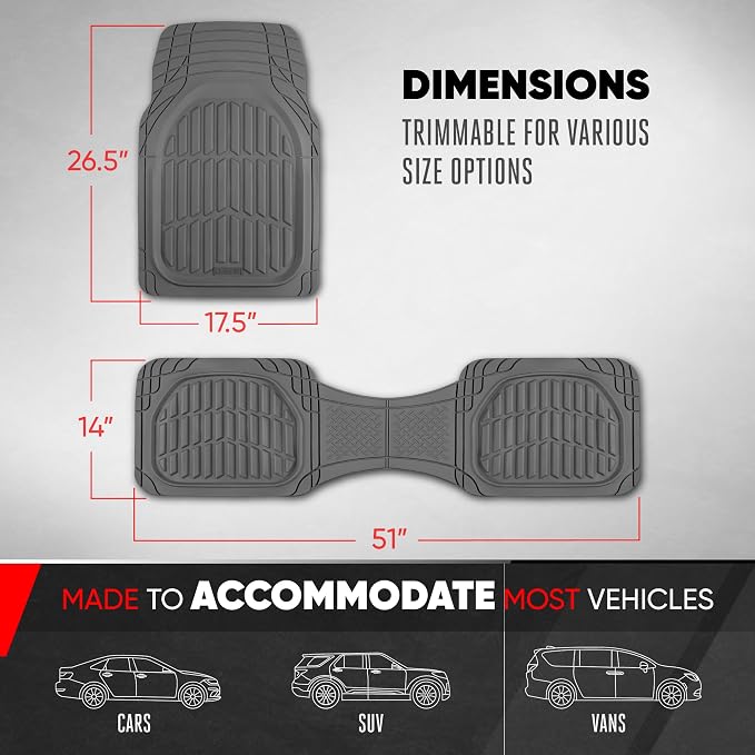 Motor Trend FlexTough LITE Rubber Car Mats Full Set - All Weather Floor Mats for Trucks, Cars & SUVs - Automotive Waterproof Gray Car Floor Mats for Cars Interior Accessories Universal Trim-to-Fit