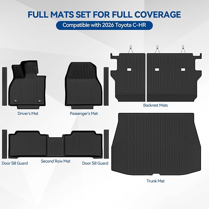 Custom Fit Floor Mats for 2026 Toyota C-HR, All Weather TPE Floor Liners & Trunk Mat & Backrest Protectors & Door Sill Guard, Odorless Full Set Interior Accessories