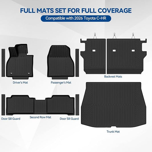 Custom Fit Floor Mats for 2026 Toyota C-HR, All Weather TPE Floor Liners & Trunk Mat & Backrest Protectors & Door Sill Guard, Odorless Full Set Interior Accessories