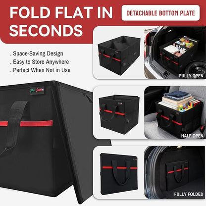 PAT SAM'S Car Trunk Organizer for SUV, Foldable Collapsible Storage Organizer with Dividers, Non-Slip Waterproof 600D Oxford, Backseat & Trunk Storage for Groceries, Tools, Toys (Black)