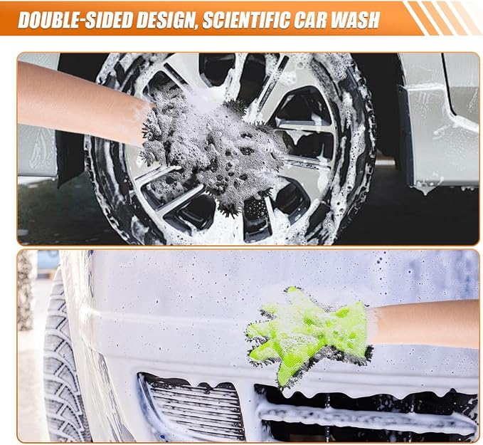 Craedli 2PCS Car Wash Mitts, Anti-Scratch Double Sided 5-Finger Microfiber Car Interior&Exterior Detailing Gloves, Soft Vehicle Chenille Dusting Mitt for Cleaning Wheel Tight Spot (Gray)