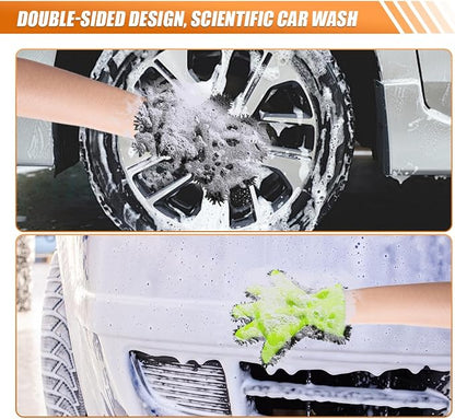 Craedli 2PCS Car Wash Mitts, Anti-Scratch Double Sided 5-Finger Microfiber Car Interior&Exterior Detailing Gloves, Soft Vehicle Chenille Dusting Mitt for Cleaning Wheel Tight Spot (Gray)