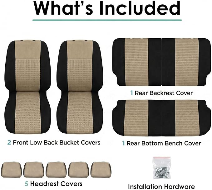FH Group Car Seat Covers Trendy Elegance Beige Full Set Automotive Seat Covers, Airbag and Split Rear Combo Non-Slip Dash Grip Pad Universal Fit Interior Accessories Cars Trucks SUV Car Accessories