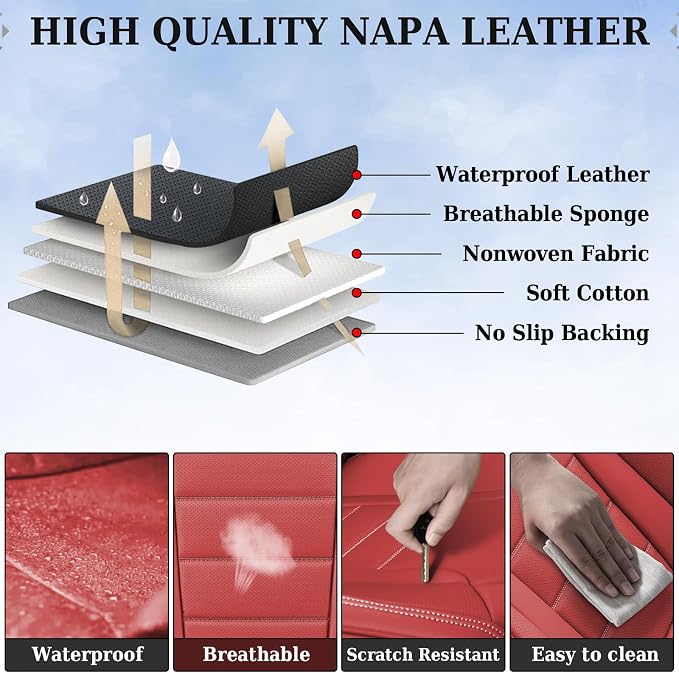 Coverado Car Seat Covers Front, Seat Covers for Cars, Waterproof Car Seat Cushions, 2-Pack Leather Carseat Seat Protectors, Universal Seat Covers Fit for Most Sedans SUV Pick-up Trucks(Red)