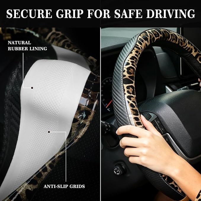 KAFEEK Khaki Leopard Steering Wheel Cover, 15 inch Carbon Fiber Texture, Classic Tan Cheetah Pattern, Non-Slip Microfiber Leather, Universal Fit for SUV Sedan