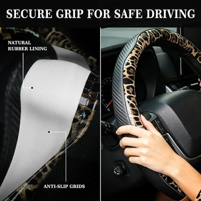 KAFEEK Khaki Leopard Steering Wheel Cover, 15 inch Carbon Fiber Texture, Classic Tan Cheetah Pattern, Non-Slip Microfiber Leather, Universal Fit for SUV Sedan