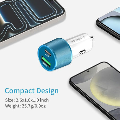 67.5W Blue Car Charger USB C Super Fast Charging, 45W USBC&QC3.0 Port Plug for iPhone 17 Pro Max/Air/16/15/iPad, Samsung S26 Android Cell Phone, Dual 12V Cigarette Lighter Adapter+ 3.3ft Type C Cable