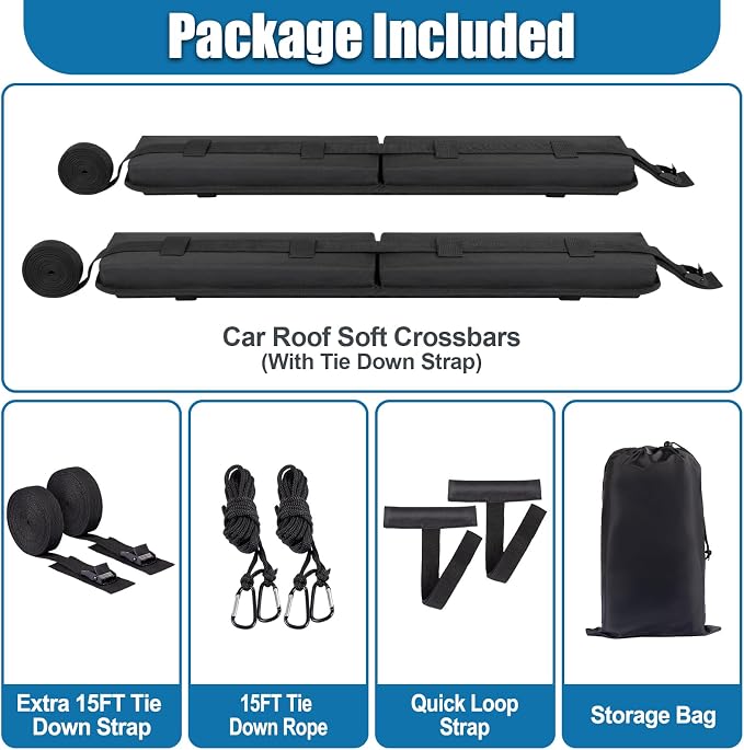 Universal Soft Roof Rack Pads 30“ Luggage Carrier System for Kayak,Surfboard, SUP, Canoe, Snowboard with 2 Tie Down Straps, 2 Tie Down Ropes, 2 Hood Loops and Storage Bag(Black)