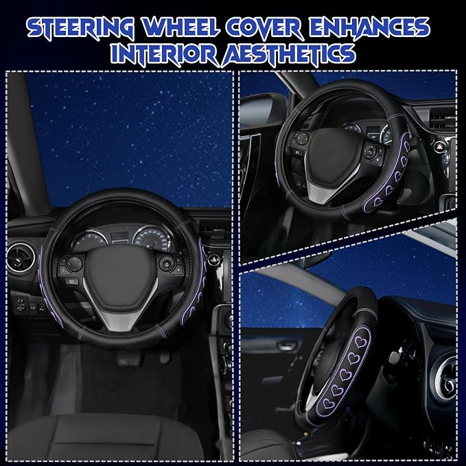 Ventilated Heart-Shaped Steering Wheel Cover with Anti-Slip Leather Grip. Compatible with Ford, Toyota, Honda, Nissan, and Chevrolet Vehicles for 14.5-15.2 inch Round Steering Wheels.