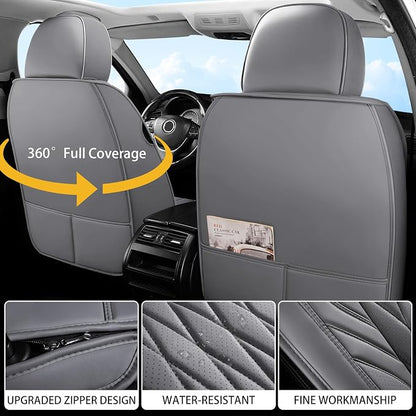 WELLDO Nappa Faux Leather Car Seat Covers Full Set, Gray | Waterproof, Non-Slip Seat Protector, 0.28in Thickened Cushion, Airbag Compatible, Universal for Cars SUV Truck Pickup