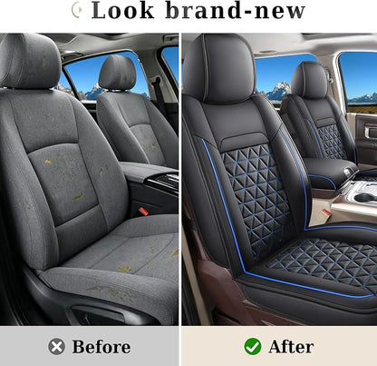 Coverado Ram Seat Covers Full Set, Waterproof Ram 1500 Seat Cover Compatible with 2002-2026 Dodge RAM 1500 2500 3500 Crew Quad Cab with Curved Bench, Black&Blue line
