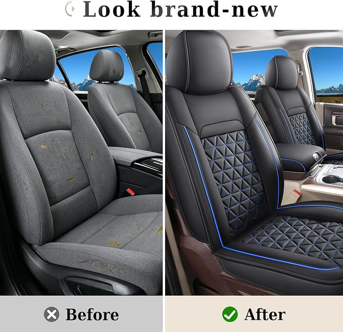 Coverado Car Seat Covers Full Set, Leather RAM 1500 Seat Covers Protectors Compatible with 2002-2026 Dodge RAM 1500 2500 3500 Crew Double Mega Quad Cab with Flat Bench, Black&Blue line