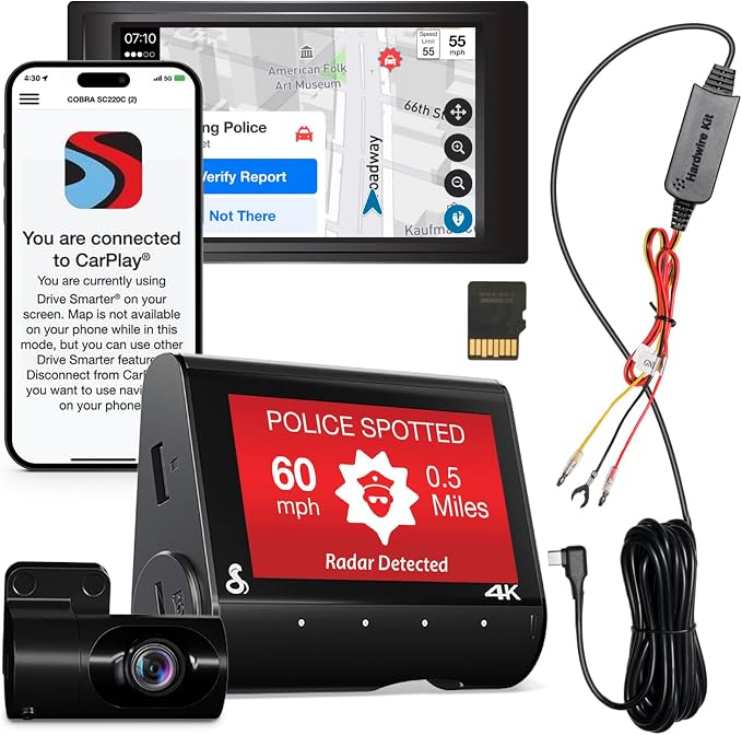 Cobra SC 250R Smart Dash Cam + Cobra 2.5A Micro USB Adapter Hardwire Kit