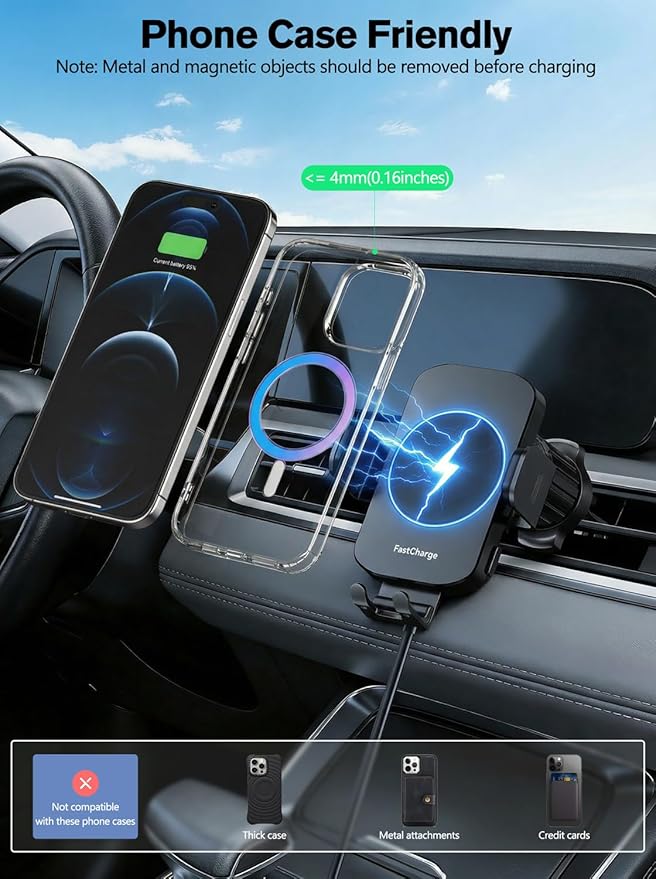 Wireless Car Charger, 15W Fast Charging Auto-Clamping Phone Holder Phone Mount【Windshield+Vent+Dash】 Car Accessories for Women Men fit for iPhone 17 16 15 14 13 12 Pro Max 11 XR XS, Samsung Galaxy