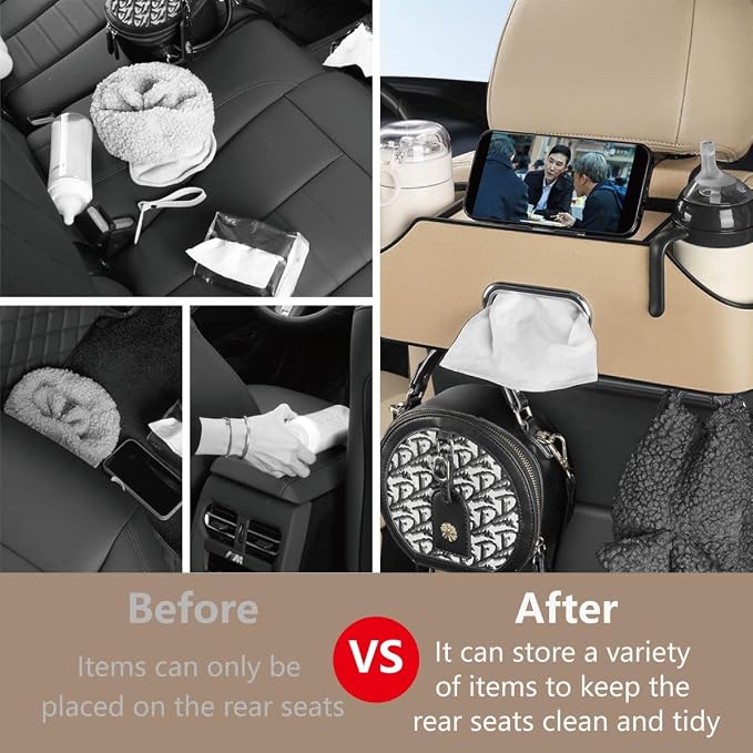 Backseat Car Organizer with 2 Drink Cup Holder - Tissue Holder - Car Seat Hooks for Headrest - Multi-functional Storage for Travel - Perfect for Kids, Adults(Beige)