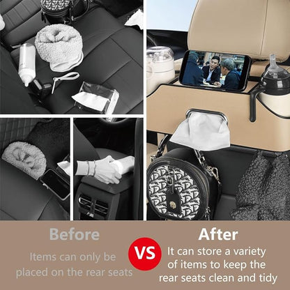 Backseat Car Organizer with 2 Drink Cup Holder - Tissue Holder - Car Seat Hooks for Headrest - Multi-functional Storage for Travel - Perfect for Kids, Adults(Beige)