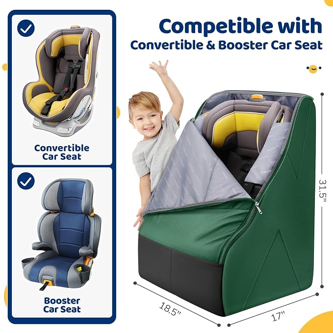 YOREPEK Carseat Bags for Air Travel, Car Seat Cover for Airplane Travel with Wear-Resistant Bottom, Large Car Seat Carrier Backpack with Side Pocket for Baby Travel Essentials, Green