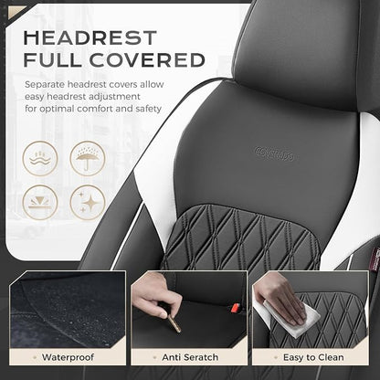 Coverado Car Seat Cover, Car Seat Covers Front Seats, Waterproof Car Seat Covers, Car Seat Cushion, Front Seat Covers Faux Leather Driver Car Seat Protector Fit for Most Cars Trucks SUV, Black&White