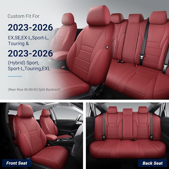 Custom for Honda Accord Seat Covers 2023 2024 2025 2026 EX,SE,EX-L,Sport-L,Touring & 2023-2026 (Hybrid) Sport,Touring,EXL,Sport-L, (Rear Row W/40/60 Split Backrest) - Burgundy