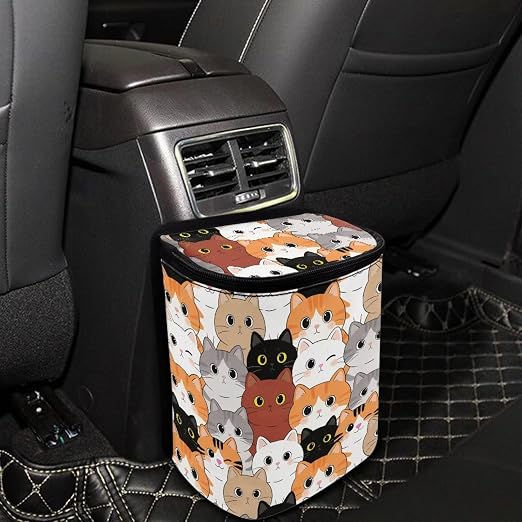 Talayituse Cartoon Cat Print Car Trash Can Portable Auto Garbage Bin Multifunctional Vehicle Interior Accessories with Adjustable Straps Universal Fit Truck SUV Sedan