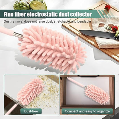 2PCS Car Interior Duster, Soft Chenille Detailing Brush with Extension Pole, Washable Long Handle Cleaning Duster Tool for Auto Dash Vent Window, Universal Home Car Cleaning Supplies (Pink)