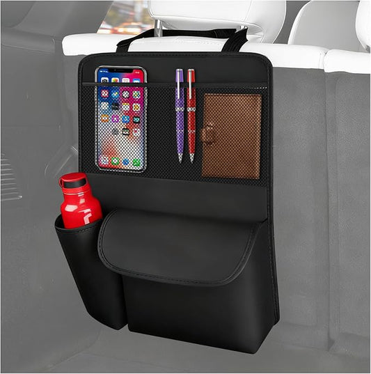 Leather Car Trunk Organizer,Large Capacity Backseat Car Organizer with 2 Mesh Pockets & Cup Holder,Detachable Hanging Cars Organizers and Storage for Family Road Trips