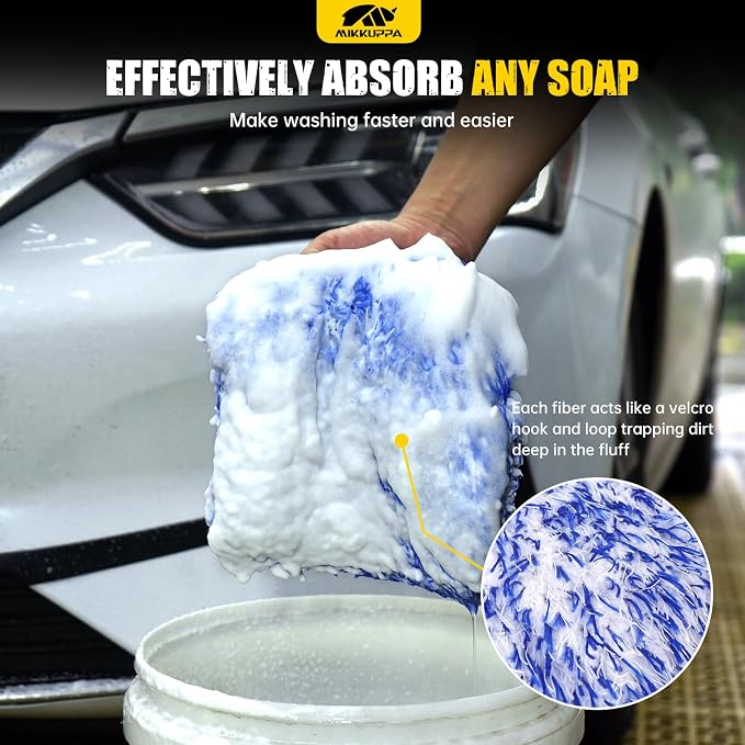 MIKKUPPA Microfiber Car Wash Mitt - Double-Sided Ultra Absorbent Scratch Free Premium Blend Glove for Car Washing Home Cleaning (Blue, 2Pack, 11'' x 8'')
