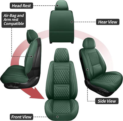 Front Car Seat Covers Set of 2,3D Contoured with Lumbar Support Waterproof Nappa Leather Automotive Seat Covers for SUV Truck Sedan,Universal Anti-Slip Seat Cover with Backrest Style2 Dark Green