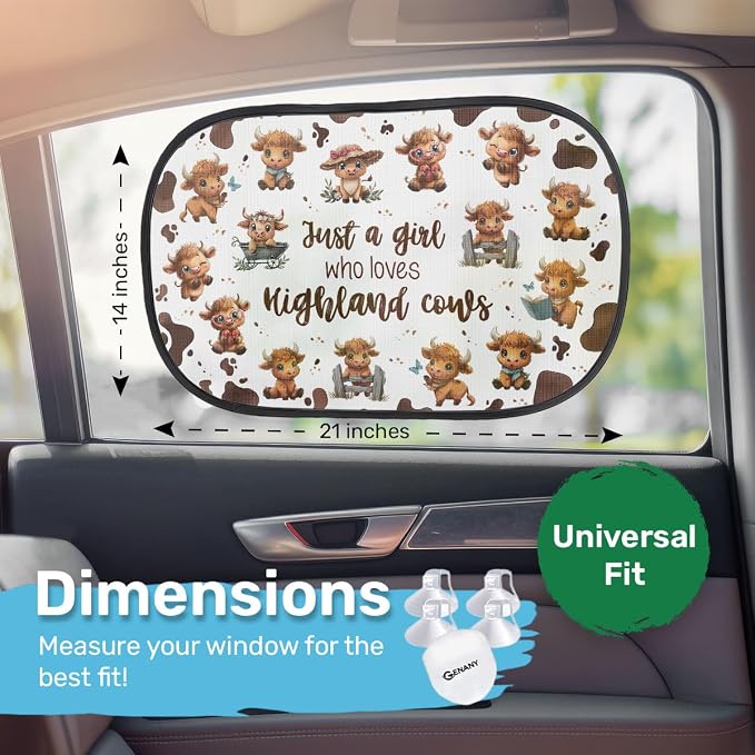 GENANY 2pcs Highland Cow Window Sun Shade for Sedan SUV Truck (21x14 Inches), Sun Shades for Side Window, Accessories for Kids, Baby Window Shades, Summer Car Decor