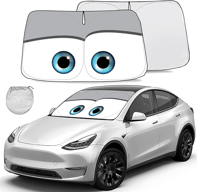 Gven Windshield Sun Shade for 2017-2026 Tesla Model Y/Model 3 Sunshade Accessories Foldable Sunshade (Fit 2025-2026 Model Y Juniper / 2024 Model 3 Highland) Blocks UV Rays Keep Car Cool (Grey Eyes)