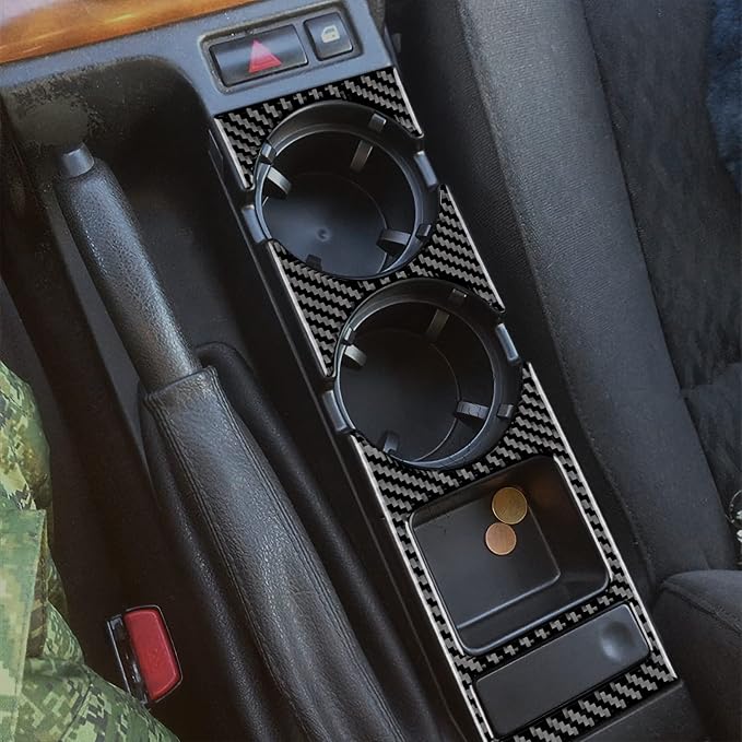 AIRSPEED Carbon Fiber for BMW E46 1998-2006 Gear Shift Warning Button & Cup Holder Trim – Black Carbon Fiber Interior Panel Deco Cover