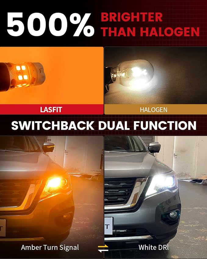 LASFIT 3157 Switchback LED Bulb, 3057 4157 White Amber T3 Series CANBUS Anti Hyper Flash Front Turn Signal DRL Parking Light New 500% Bright, Only for Standard Socket (Pack of 2)