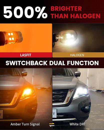 LASFIT 3157 Switchback LED Bulb, 3057 4157 White Amber T3 Series CANBUS Anti Hyper Flash Front Turn Signal DRL Parking Light New 500% Bright, Only for Standard Socket (Pack of 2)