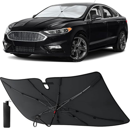 EcoNour Umbrella Windshield Sunshade for Ford Fusion 2013 2014 2015 2016 2017 2018 2019 2020 2021 | Front Windshield Sun Shade UV Heat Blocker | Foldable Reflective Car Sun Visor Interior Accessories