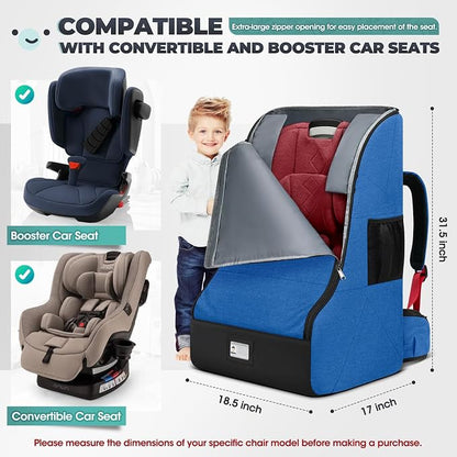 RAINSMORE Padded Car Seat Travel Bag for Airplane Heavy Duty Car Seat Backpack for Air Travel Baby Carseat Cover Bags for Airport Large Car Seats Carrier Fits Car Seats & Booster Seats,Blue