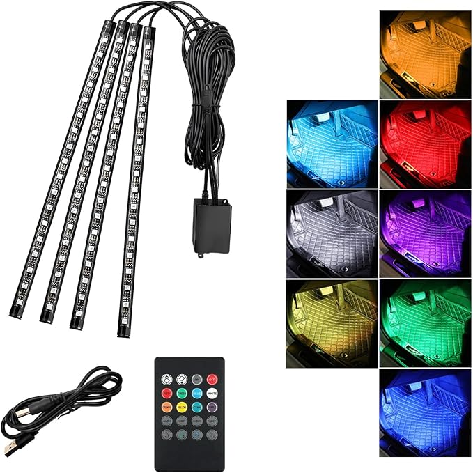 Car Led Interior Lights, RGB 72 LED Multicolor Auto Strip Light with Sound Active Function and Remote Control, Under Dash Smart Lighting Kit with Charger, Car Accessories (USB)