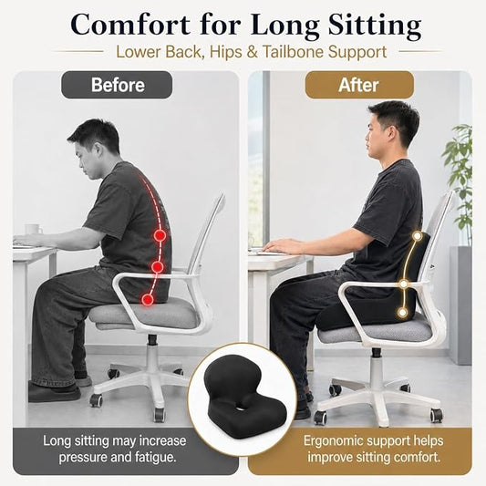 Memory Foam Office Chair Cushion with Back Support, Ergonomic Seat Cushion for Office Chair and Car Seat, Pressure Relief for Long Sitting (Black)