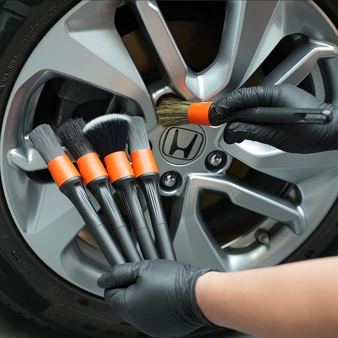 Car Drill Brush, Drill Brush Attachment SPTA 5Pcs Detachable Car Care Detailing Brush Set Soft No Scratch Boar Hair Detail Brush Car Care Detail Brush for Air Vent Automotive Interior Exterior -DF075