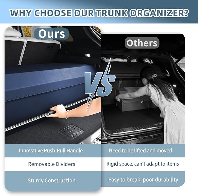 Car Trunk Organizer, Leather Trunk Organizer for Suv with Lid and Push-pull Handle Car Trunk Leather Storage Box Extra Large Cargo Storage (Blue, 41.3 x 11.4 x 12.2in)