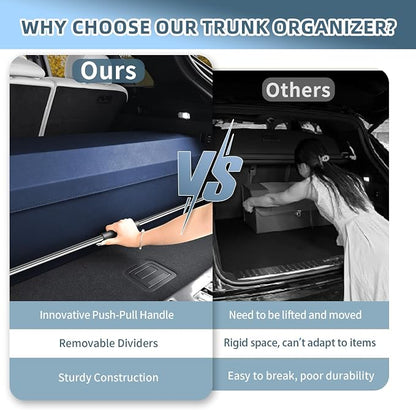 Car Trunk Organizer, Leather Trunk Organizer for Suv with Lid and Push-pull Handle Car Trunk Leather Storage Box Extra Large Cargo Storage (Blue, 41.3 x 11.4 x 12.2in)