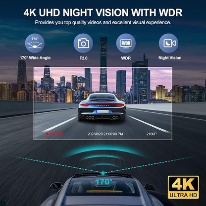3 Channel 4K Dash Cam with 5GHz WiFi & APP Control, 4K+1080P+1440P Dash Cam Front and Rear Inside with 64GB Card, Dash Camera for Cars with Night Vision, Loop Recording, 24H Parking Mode, G-Sensor