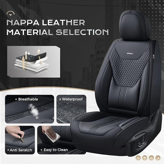 Coverado Car Seat Covers Full Set, Front Seat Covers with Lumbar Support and Back Seat Cover Waterproof Leather Automotive Seat Cover, Universal Car Interior Protectors Cushion for Most Cars